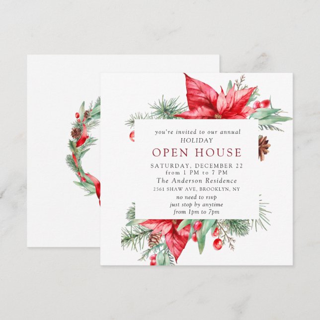 Invitación Elegante Casa Abierta de Navidades de Poinsettia (Anverso / Reverso)