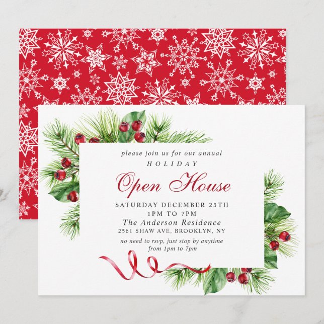 Invitación Elegante Casa Abierta de Navidades Holly Berry (Anverso / Reverso)