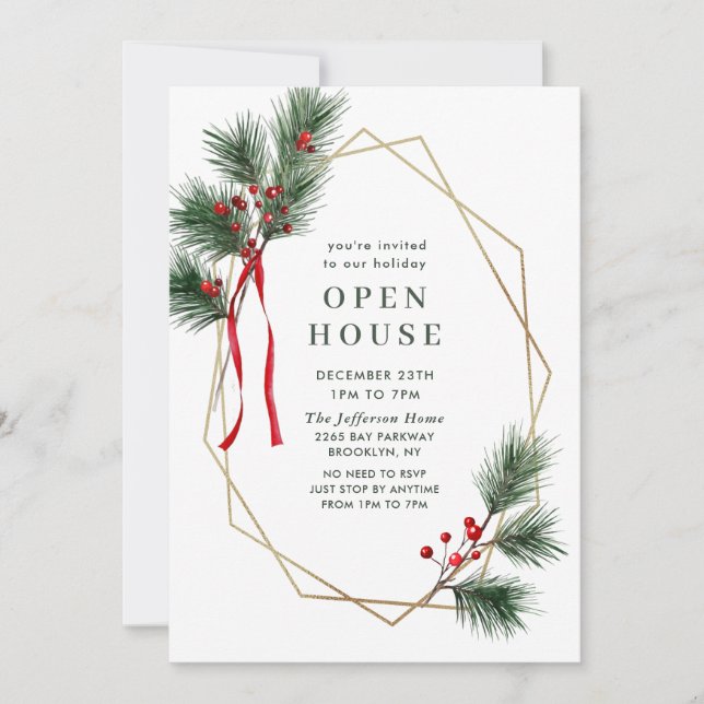 Invitación Elegante Casa Abierta de Navidades Holly Berry Pin (Anverso)