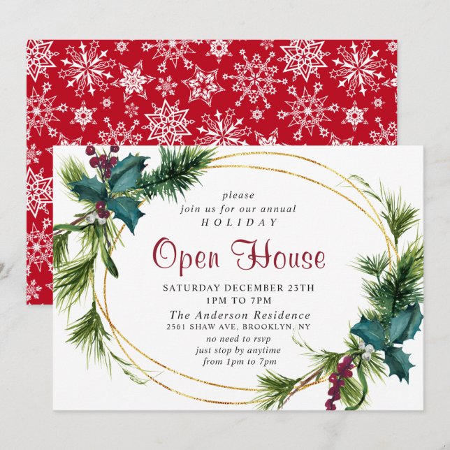 Invitación Elegante Casa Abierta de Navidades Pine Holly (Anverso / Reverso)