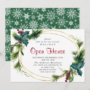 Invitación Elegante Casa Abierta de Navidades Pine Holly
