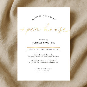 Invitación Elegante Casa Abierta de Negocios con Letra Dorada