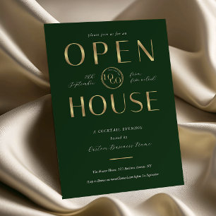 Invitación Elegante Casa Abierta de Negocios Verde y Dorado L
