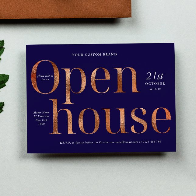 Invitación Elegante Casa Abierta de Oro de la Marina y el Bro (Elegant Navy & Bronze Gold Business Open House Invitation)
