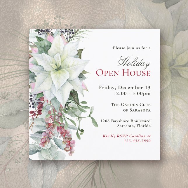 Invitación Elegante Casa Abierta Floral de Poinsettia (Available in both printed and instant download digital formats.)