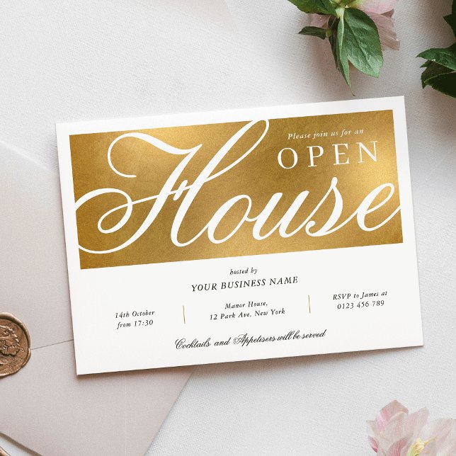 Invitación Elegante Casa Abierta para oficinas de White & Gol (Elegant White & Gold Corporate Office Open House Invitation)