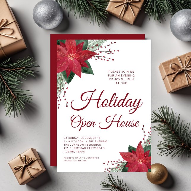 Invitación Elegante Casa Abierto de Fútbol de Flores Rojas de (Elegant Red Floral Poinsettia Holiday Open House Invitation)