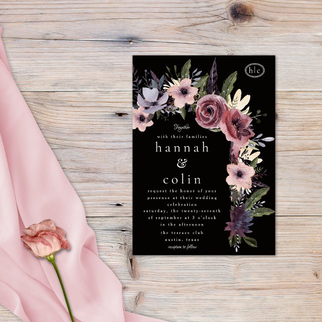 Invitación Elegante Cascada Floral Oscura Borgoña Negra (Subido por el creador)