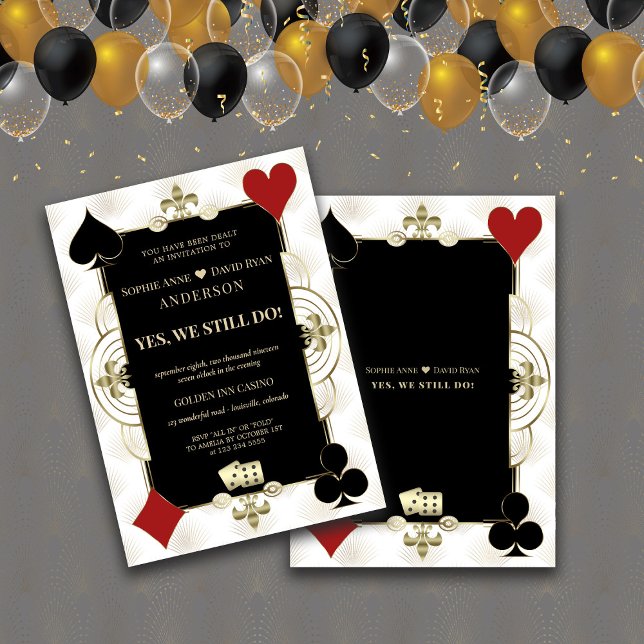 Invitación Elegante Casino Las Vegas Renovación de Votos de P (Art Deco renew the vows invitation, gold black white casino invitation, )