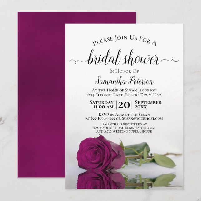 Invitación Elegante Cassis Romántica Rosa Púrpura Ducha Brida (Anverso / Reverso)