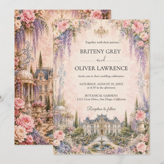 Invitación Elegante castillo de cuento de hadas rosa soñado B (Anverso / Reverso)