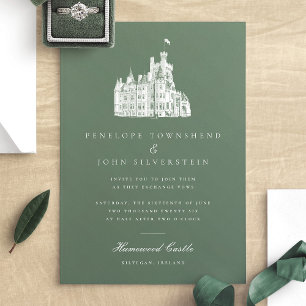 Invitación Elegante Castillo de Vintage Ilustracion Boda Verd