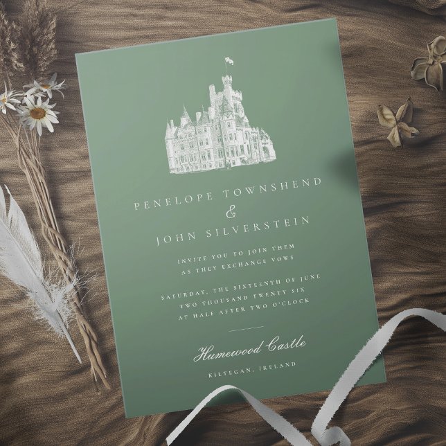 Invitación Elegante Castillo de Vintage Ilustracion Boda Verd (Sage green wedding invitation with a white illustration of a castle)