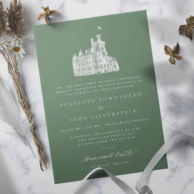 Invitación Elegante Castillo Ilustracion Verde Boda formal (Sage green formal wedding invitation with an illustration of a castle)