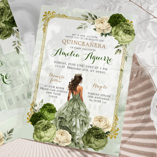 Invitación Elegante Castillo Real Dorado Sage Verde Quinceañe