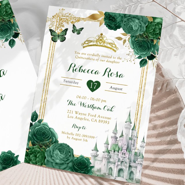Invitación Elegante Castillo Real Floral Verde Quinceañera (Subido por el creador)