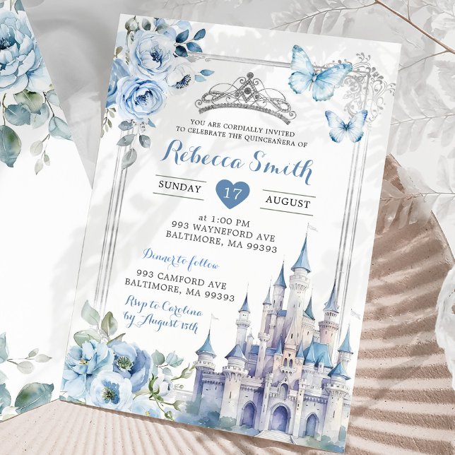 Invitación Elegante Castillo Real Plata Dusty Azul Quinceañer (Subido por el creador)