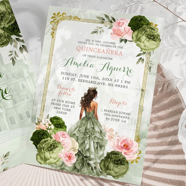 Invitación Elegante Castillo Real Rubor Pink Sage Green 15 Añ (Subido por el creador)