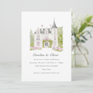 Invitación Elegante Castillo Romántico Acuarela Boda