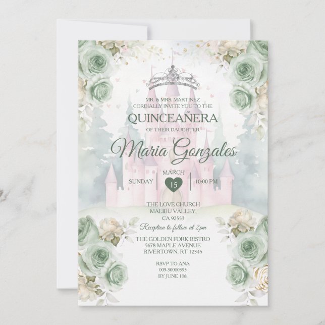 Invitación Elegante Castillo Sage Green Princess Quinceañera (Anverso)