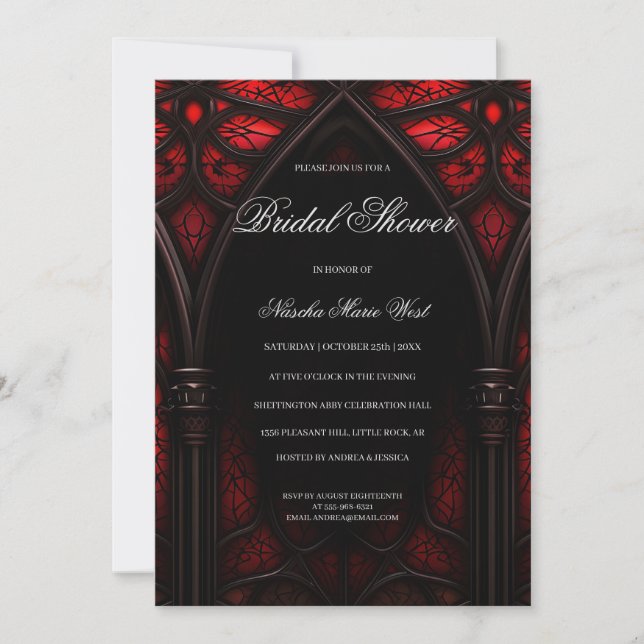 Invitación Elegante Catedral Roja y Negra Ducha Gótica Bridal (Anverso)