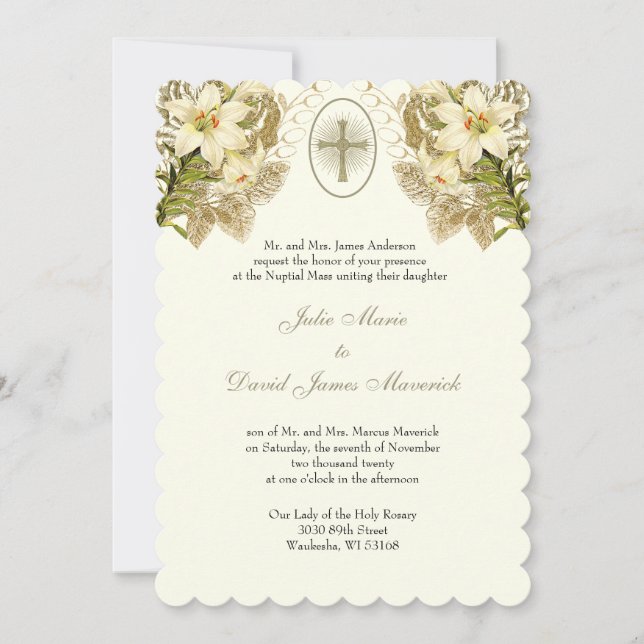 Invitación Elegante católico Boda floral y recepción (Anverso)