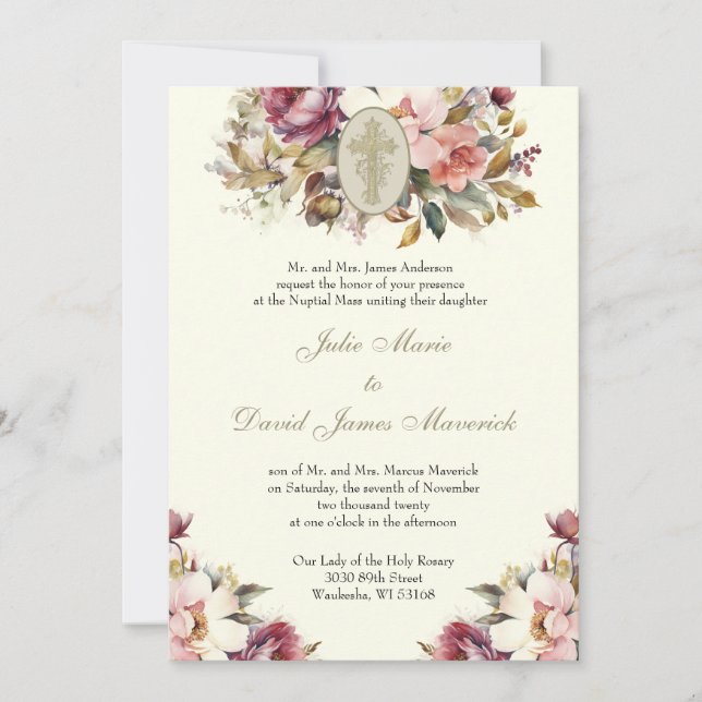 Invitación Elegante católico Boda floral y recepción (Anverso)