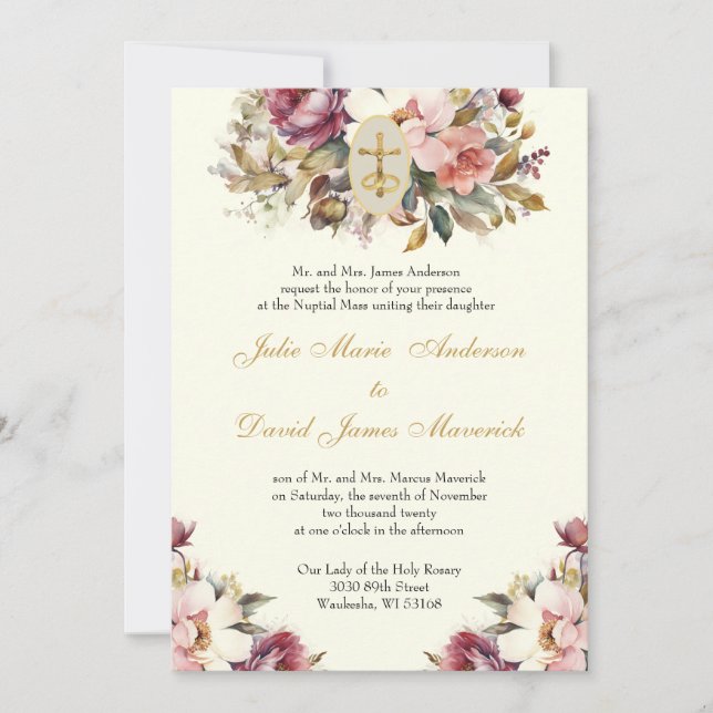 Invitación Elegante católico Boda floral y recepción (Anverso)