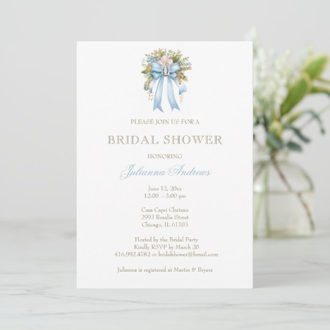 Invitación Elegante católico Bridal Shower Floral Bow (Anverso de pie)