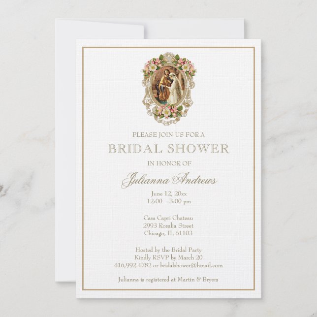 Invitación Elegante Católico Bridal Shower Gold Floral (Anverso)