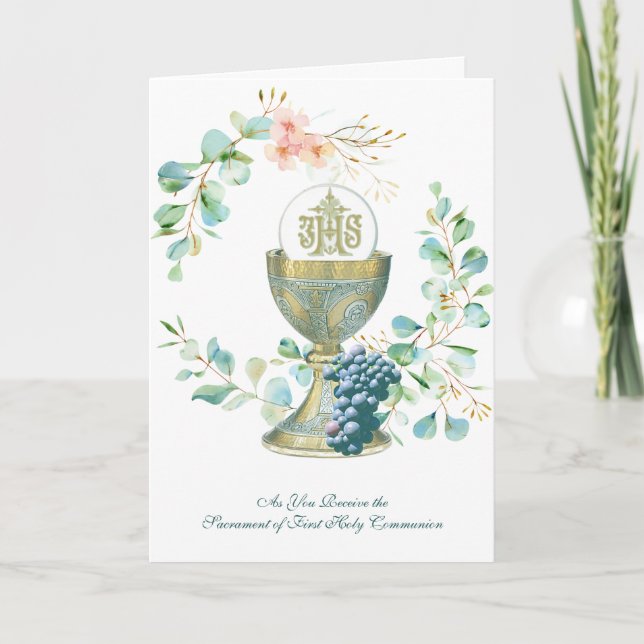 Invitación Elegante Católico Primero Santa Comunión Floral (Anverso)