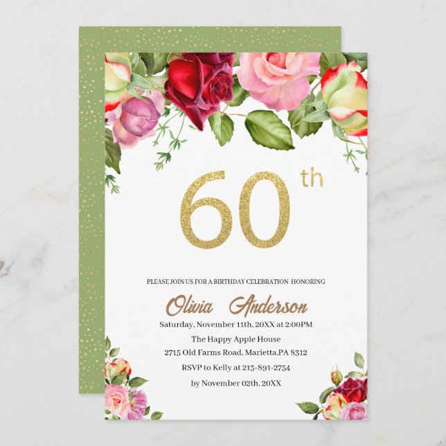 Invitación Elegante Celebración Cumpleaños 60 Años Acuarela B (Anverso / Reverso)