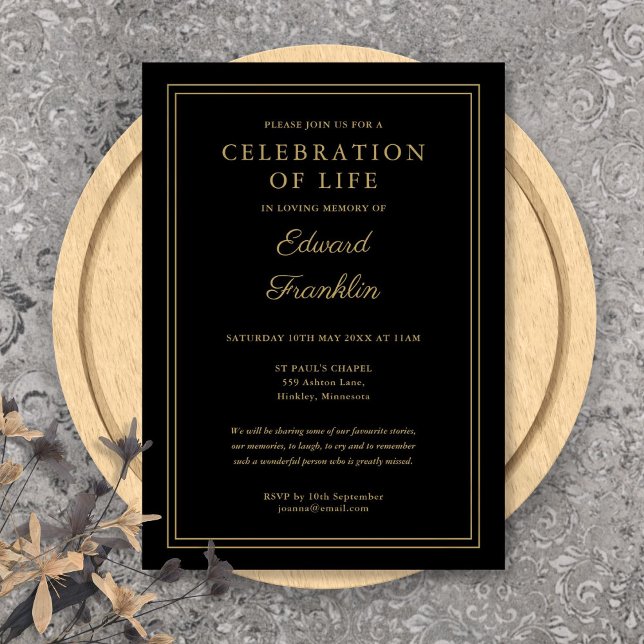 Invitación Elegante Celebración De Black Y Gold Del Funeral D (Elegant Black And Gold Celebration Of Life Funeral Invitation)