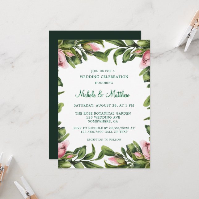 Invitación Elegante celebración de Boda de guirnaldas rosas v (Anverso/Reverso In Situ)