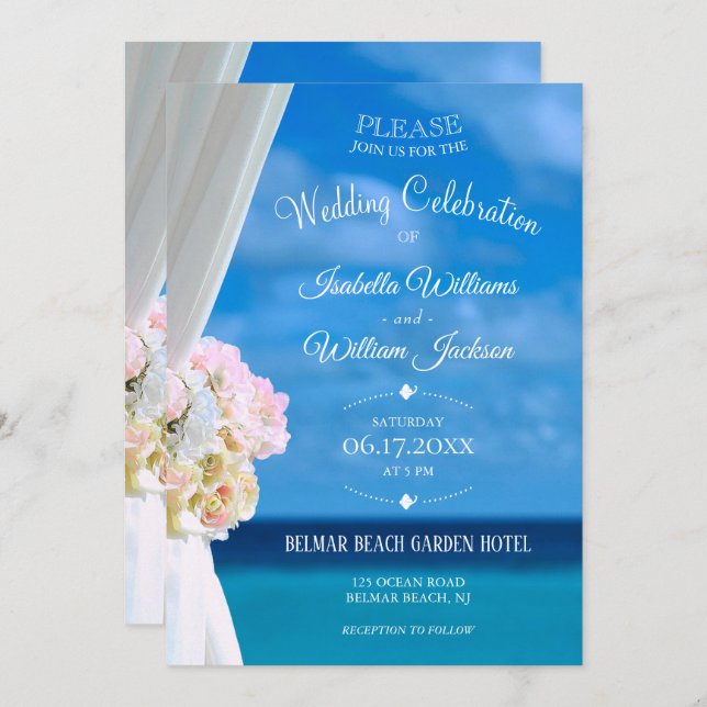Invitación Elegante celebración de Boda de verano en la playa (Anverso / Reverso)