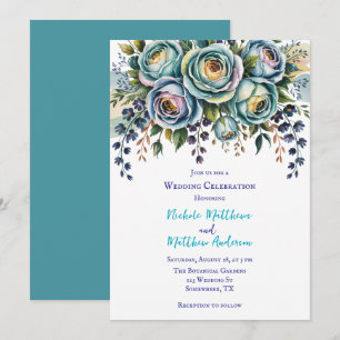 Invitación Elegante celebración de Boda floral azul turquesa