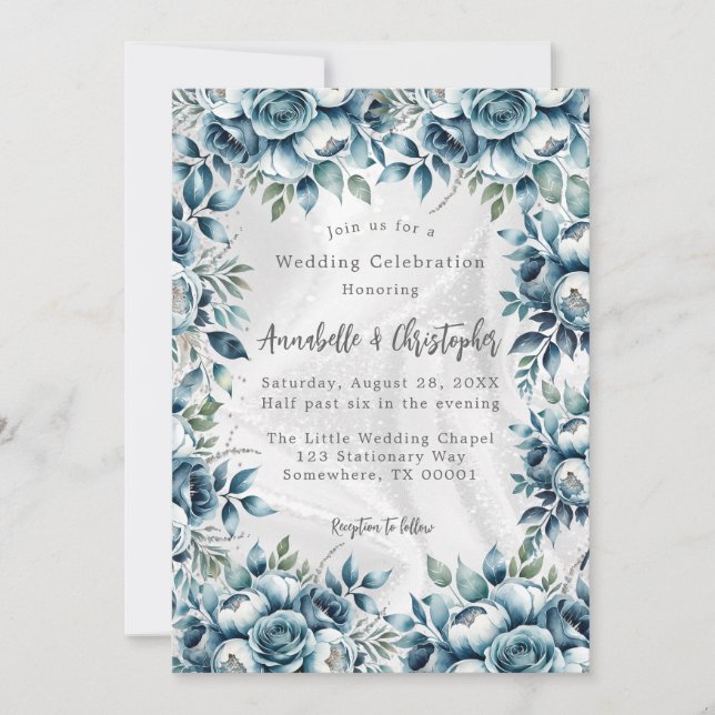 Invitación Elegante celebración de Boda Rosa de Plata Azul Du (Anverso)