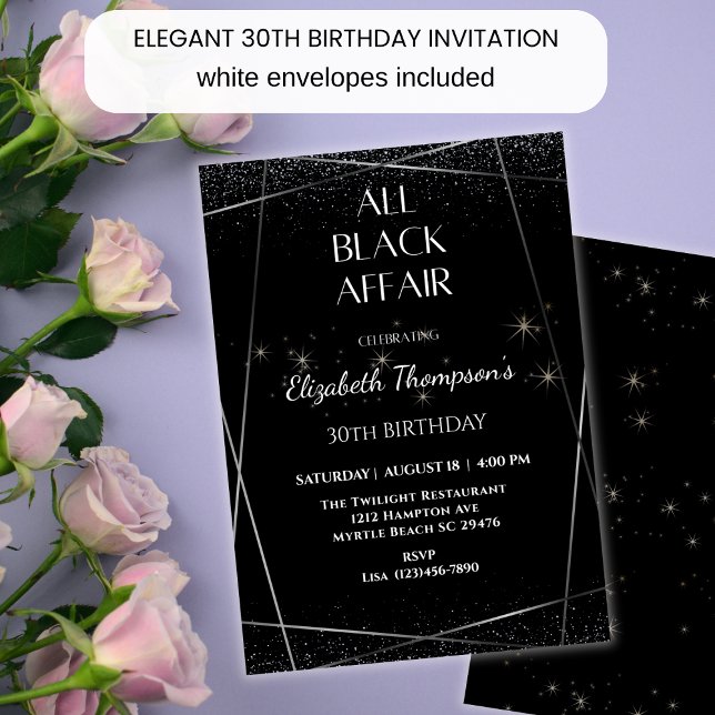 Invitación Elegante celebración de cumpleaños 30 en todo negr (Subido por el creador)