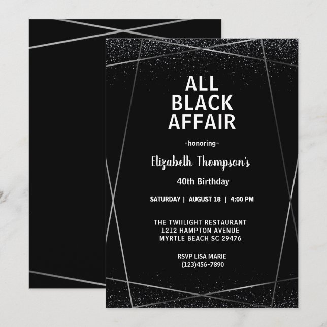Invitación Elegante celebración de cumpleaños 40 de All Black (Anverso / Reverso)