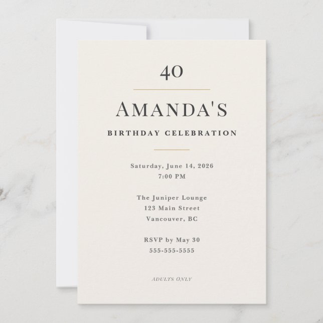 Invitación Elegante Celebración de Cumpleaños 40 Minimalista (Anverso)