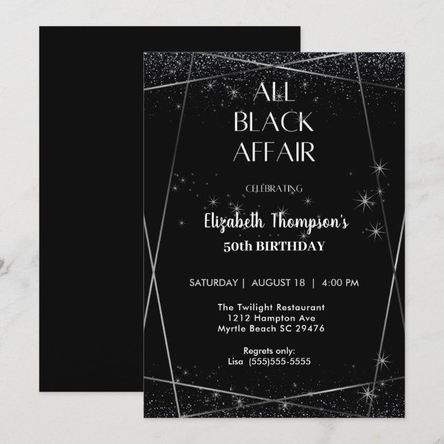 Invitación Elegante celebración de cumpleaños 50 en todo negr (Anverso / Reverso)