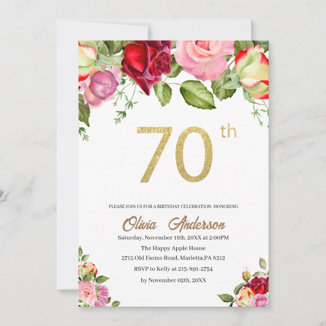 Invitación Elegante Celebración de Cumpleaños 70 Años Acuarel (Anverso)