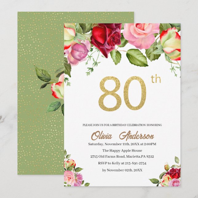 Invitación Elegante Celebración de Cumpleaños 80 Acuarela Bri (Anverso / Reverso)