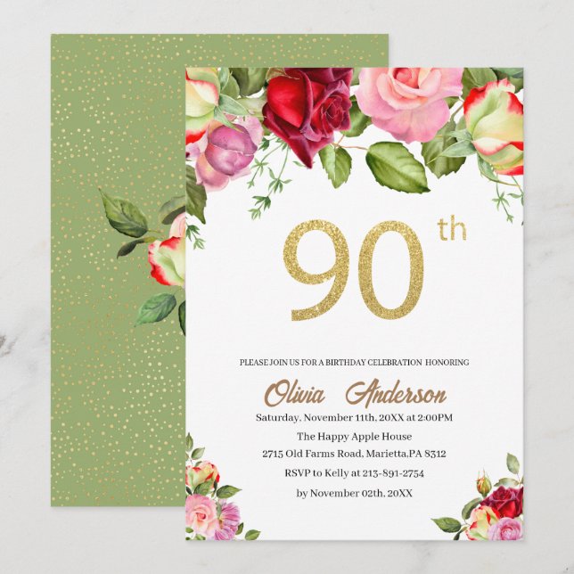 Invitación Elegante Celebración de Cumpleaños 90 Acuarela Bri (Anverso / Reverso)
