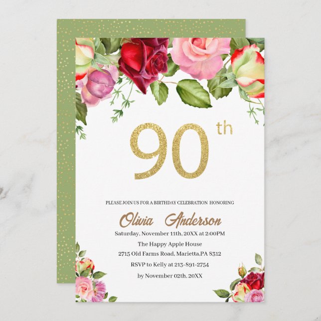 Invitación Elegante Celebración de Cumpleaños 90 Años Acuarel (Anverso / Reverso)
