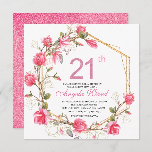 Invitación Elegante celebración de cumpleaños acuarela magnol (Anverso / Reverso)