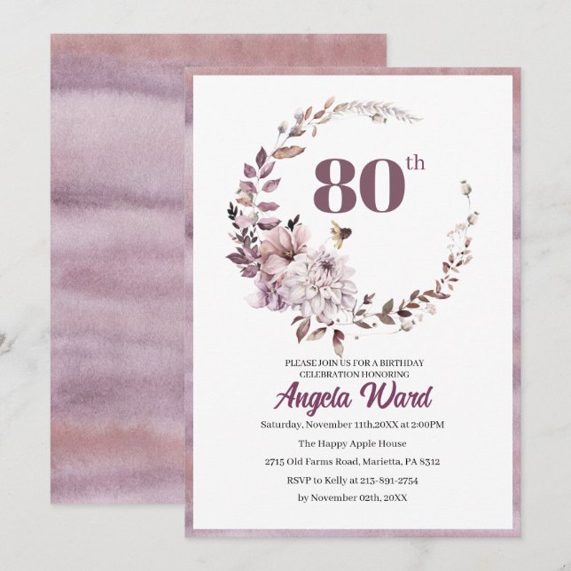 Invitación Elegante celebración de cumpleaños  floral brillo  (Anverso / Reverso)