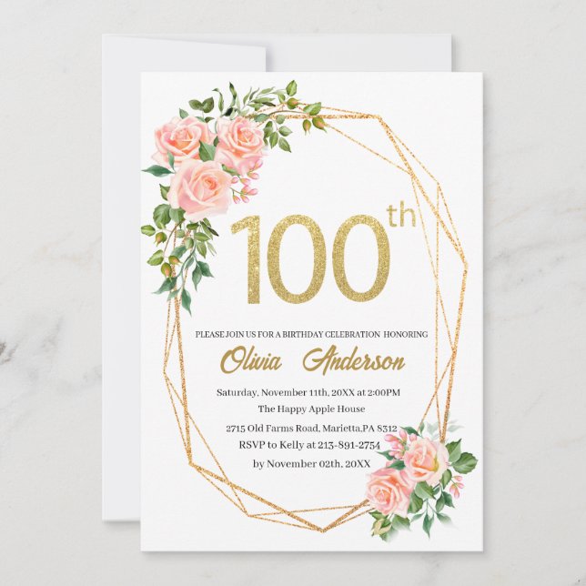 Invitación Elegante celebración de cumpleaños número 100 Wate (Anverso)