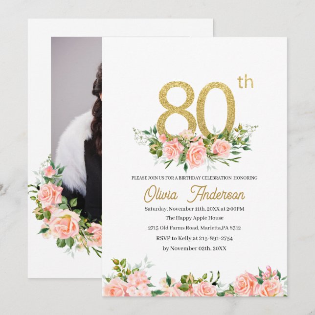 Invitación Elegante celebración de cumpleaños número 80 Water (Anverso / Reverso)