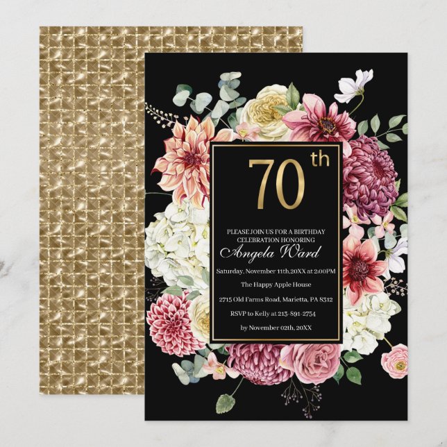 Invitación Elegante celebración de cumpleaños purpurina flora (Anverso / Reverso)